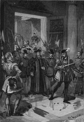 King of France Henry II (1519-1559), in the Centre, Ordering His Connetable to Seize the Advisers. Engraving of the 19th Century. In 