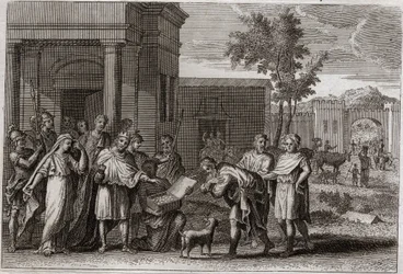 Kingdom Bible, Old Testament: Abimelech Punished by God. Abimelech, King of Gerar, Having Taken Sarah by Force, is Deluded by God and Returns Her to Abraham