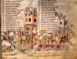 Knights storming a castle (12th century manuscript)