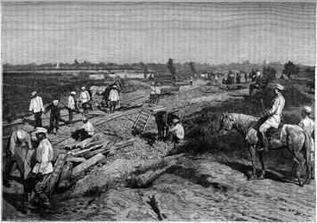 La pose des rails du chemin de fer Transcapien. Engraving in the journal La jeunesse