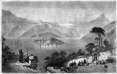 Lake Orta (Lake Cusio) in the middle of the island of San Giulio (Saint Jules) in the province of Novara in Italy. Engraving from 1865