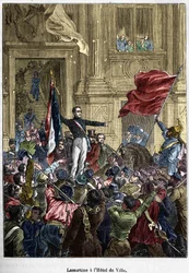 Lamartine (1790 - 1869), refusing the red flag for the tricolor flag, at the Town Hall. Paris, 26 February 1848. Bianchetti collection