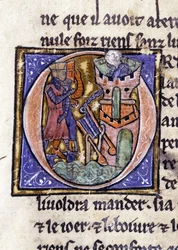 Lancelot at the Top of a Tower. Manuscript: Conquest of the Saint Gréal, Written 717 Years After the Passion of Our Lord. Bibliotheque Municipale de Rennes, ms. 255 (Collection of Novels of the Round Table); Paris