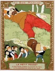 Le Petite Poucet takes off his seven-leagues boots to the sleeping ogre - Bon Marché advertising label, end 19th century