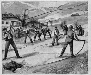 Le claqueurs du salskammergut - On several Sundays after the New Year, the young men of Salzburg crack whips to wake nature from her winter sleep - engraving 1897
