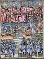 Provost of merchants and aldermen of Paris, scene of tax collection, title page from 