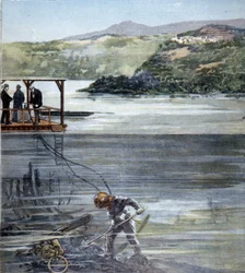 The Diver Paolo Pardi Working on Roman Boats in Lake Nemi with the Siebe Diving Suit in 1893