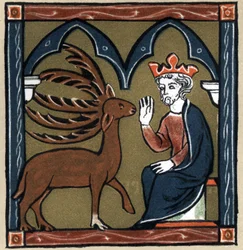Arthurian Legend: Merlin metamorphoses into a five-wood deer and visits Julius Caesar. In Geschichte der Franzosischen Literatur by Hermann Suchier