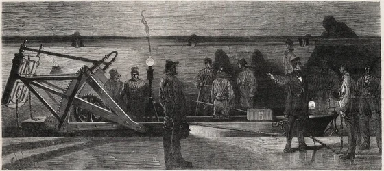 The sewers of Paris: a flushing boat used for cleaning the collector sewer - Engraving from Le Monde Illustré