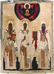The three holy bishops of Rostov: Isaiah (died 1090), Leontius (died 1077), Ignatius (died 1288) - Russian icon: The three holy bishops of Rostov: Isaiah, Leontius and Ignatius. Late 15th century, State Open-air Museum Rostov Kremlin