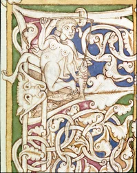 Lettrine P decorated with the representation of a woman fishing a fish