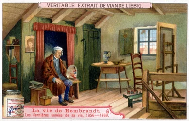 Liebig chromolithography on the life of Rembrandt (1606-1669), Dutch painter. The last years of his life 1656-1669