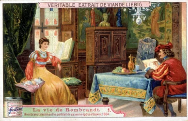 Liebig chromolithography on the life of Rembrandt (1606-1669), Dutch painter. Here drawing the portrait of his young wife Saskia in 1654