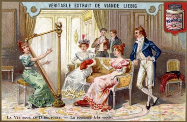 Life under the management board: romance in fashion. Chromo Liebig from the end of the 19th century.