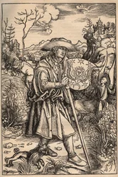 The pilgrim with his dog in front of a castle, illustration from an edition of the Opera of Johannes Gerson published 1514