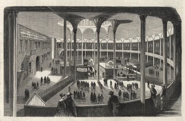 Interior of the emigrant depot of Castle Garden - New York State - Emigration Commission - Engraving in 