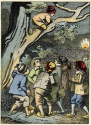 Little Poucet climbs on a tree and looks for his way. He