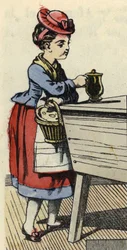 Little Red Riding Hood puts food for her grandmother on the huche. Illustration of the tale 