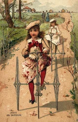 Little girls riding tricycles. Chromolithography around 1890