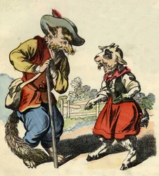 Little kid talks with Master Fox. Illustration of the tale 
