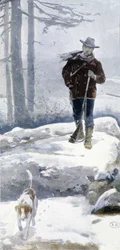 Lonely Hunter with Dog in a Snowy Landscape