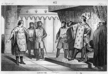 Louis VIII (1187-1226) the Lion receives an envoy from his enemy Henry III (1207-72) of England - Louis VIII the Lion (1187-1226), dynasty of the Capetians, responds with pride and firmness to an envoy of the King of England Henry III - Engraving of 1