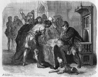 Louis XI, King of France, learning of the death of Charles the Bold on January 7, 1477. Engraving of the 19th century