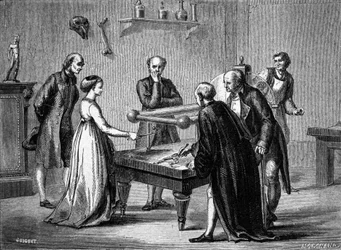 Luigi Galvani discovered in 1780 the irritability of frog muscles by electricity. Engraving of the 19th century