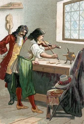 Luthier Stradivarius (Antonio Stradivari) in his workshop. Chromolithography of the 19th century