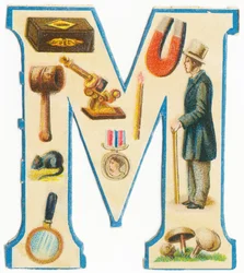 M: Matches, Magnet, Mallet, Microscope, Mouse, Medal, Man, Magnifying Glass, Mushrooms