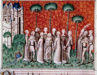Machaut finding his lady. Miniature from a score in 