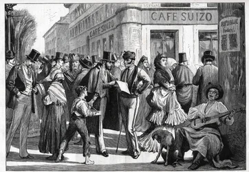 Madrid in 1873. Walkers at the corner of Seville Street and Alcala Street