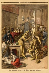 Makeup of actors of a living painting Men in Gold for the gingerbread fair. Engraving in Le petit journal 16/04/1894. Selva
