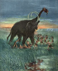Mammoth hunting scene, Stone Age.