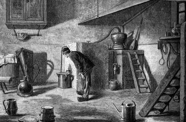 Manufacture of kirsch: distillation, castle of Isenberg in Alsace. Engraving in Le Journal de la jeunesse