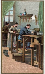 Manufacture of porcelain: turning. Chromolithography of the end of the 19th century