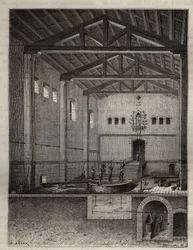 Manufacture of soap - Operation of the liquidation of white soap, with cut in the bottom the spinning - engraving in 