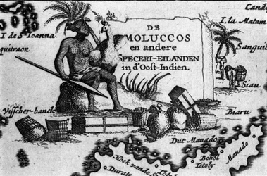 Map of the Molucca Archipelago in East Indonesia. Geographic map taken from Maps des Itineraires et voyages modernes by Pierre Vandier. 17th century