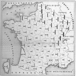 Map of the distribution of stature in France: the height of the bars is inversely proportional for each department to the number of conscripts exempt for size defects, over 1000 examined. Figures give that number per 100. The twenty departments, providing 
