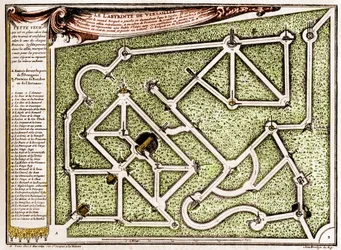 Map of the maze in the park of the castle of Versailles, created by Andre Le Notre (1613-1700). Engraving in La Nature. Revue des sciences et de ses applications aux arts et a l
