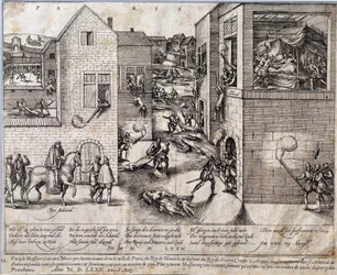 Massacre of Saint Bartholomew in Paris on the night of 24 August 1572. Engraving of the 16th century. Pau, Musee Du Chateau