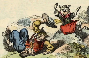 Master fox plays with Little Goat. Illustration of the tale 