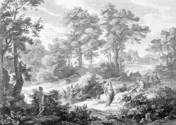 Meeting between Ulysses who was lying near a river and Nausicaa. Engraving from the end of the 19th century.
