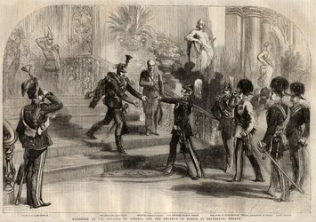 Meeting between the Russian Tsar Alexander II (1818-1881) and the Austrian Emperor Francois Joseph I (1830-1916) at the Belvedere in Weimar (Germany). From left to right are Alexander II, Francois Joseph I, Charles Alexander Duke of Saxony-Weimar-Eisenach