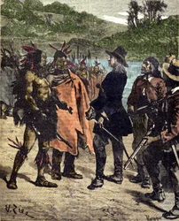 Meeting of Robert Cavelier de La Salle (1643-1687) with the Indians of America. Engraving of the 19th century