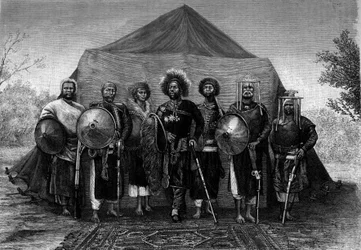 Menelik II (1844-1913), King of Ethiopia, surrounds himself with his army chiefs. Engraving in "Le Journal de la jeunesse"