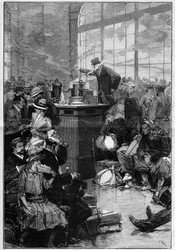 Measures taken against the cholera epidemic spread in Toulon: the disinfection room at the Lyon station, Paris. Engraving in 