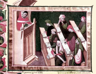 Middle Ages: Teaching in a university. Manuscript from the beginning of the 15th century. Biblioteca Nazionale Centrale de Florence