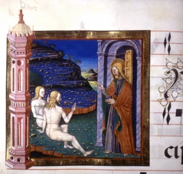 Miniature depicting the creation of Adam and Eve by God. Antiphonary. 15th century. Biblioteca by Lodi