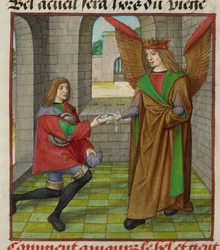 Amour handing a letter to a messenger, from 
